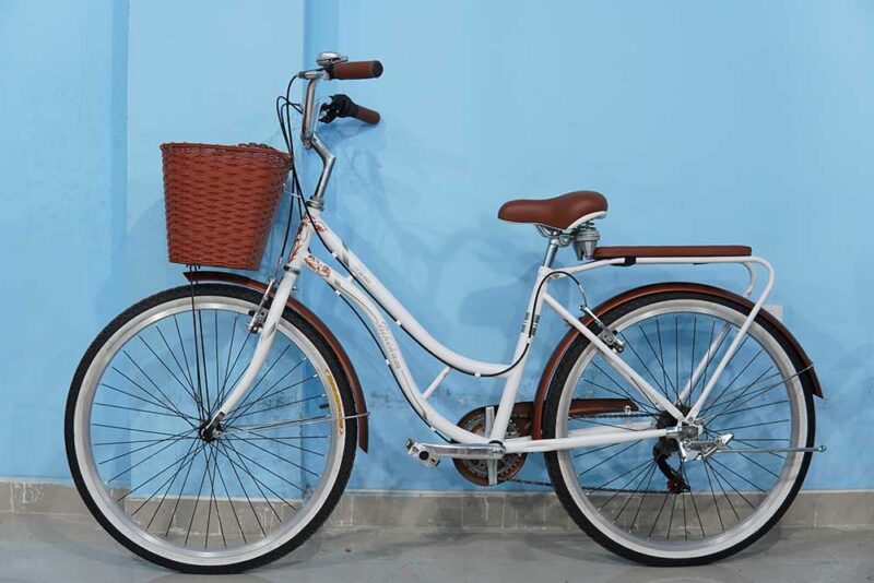 bicicleta aro 26 con caida y canasta blanca